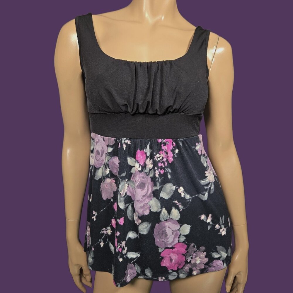 Vintage 90s Y2K Babydoll Top Size S Black Dark Floral Sleeveless Gothic Fairy